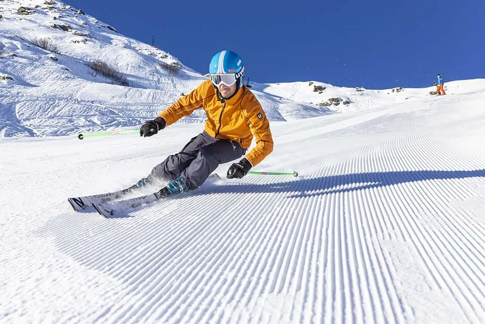 Beginner skiers on their first ski holiday in the French Alps